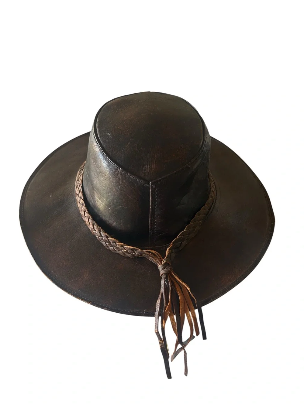 Handmade Genuine Leather Outback Hat with Braided Band Brown